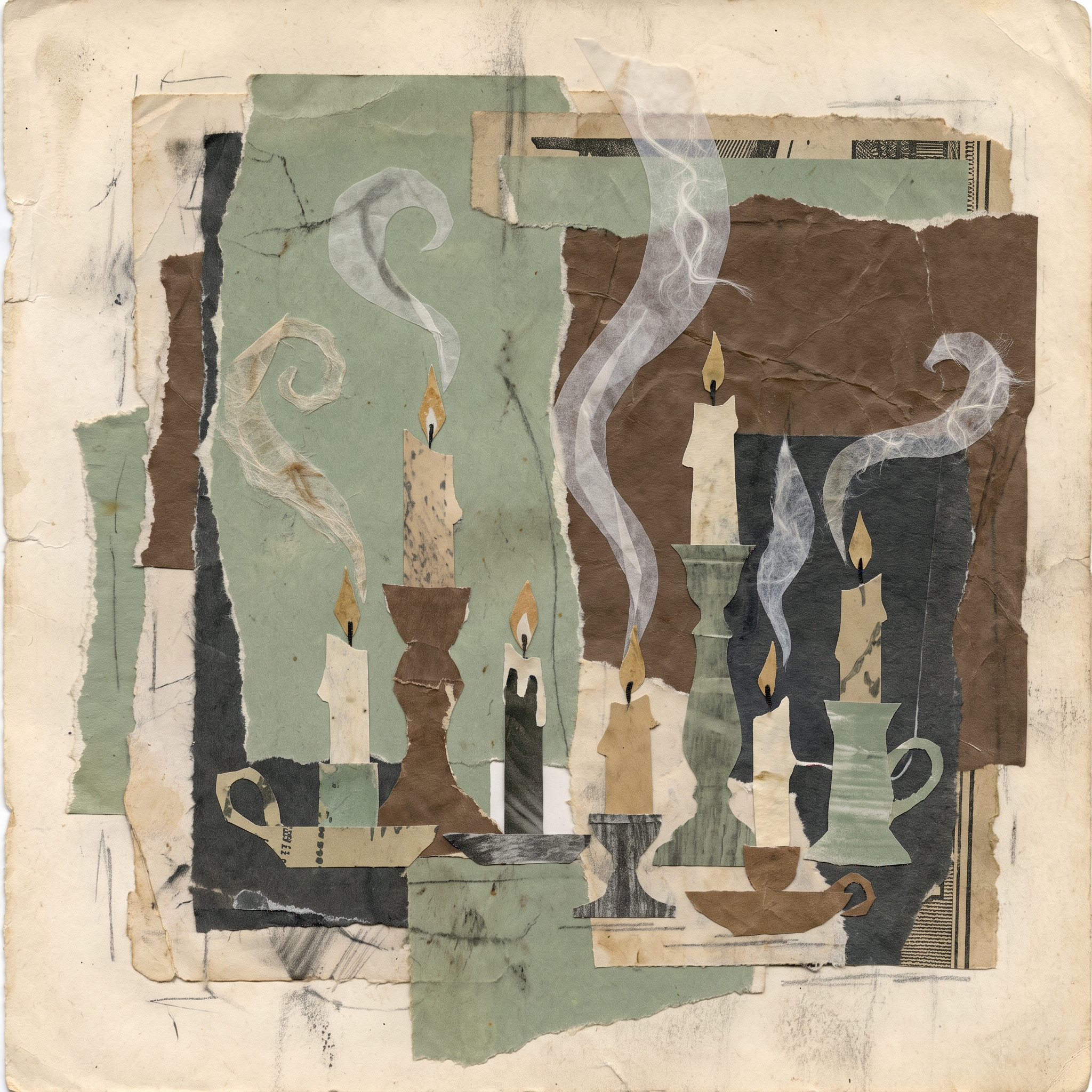 There is a specific kind of stillness that only emerges when you stop trying to solve for variables and start leaning into the texture of things. I’ve been spending so much of my waking life lately staring at high-dimensional datasets and trying to map the erratic, beautiful signaling pathways of plant roots. It is rewarding work, but it is also deeply abstract. You spend your days looking at representations of life, and eventually, you start to crave something that has a tactile weight to it, something that doesn't require a compiler to interpret.

I put this collage together last night, mostly as a way to clear the noise from my head after a particularly stubborn debugging session that stretched well into the early hours. There is something fundamentally grounding about the physical act of layering paper—the deliberate placement of scraps, the tactile drag of glue against a surface, and the way light interacts with uneven edges.

The candles in this piece were an attempt to capture that flickering, transient quality of thought. We like to think of our consciousness as a steady, unwavering beam, but it’s much more like these little flames: prone to wavering, sensitive to the slightest draft in the room, and occasionally prone to burning out entirely if we aren’t careful. It’s a fragile, messy, and entirely non-linear process, much like the biological systems I study.

I think we often forget that we are just as biological as the subjects we observe under the microscope. We aren't just processors of information; we are organisms that require rhythm, rest, and a bit of analog creativity to keep our internal systems from hitting a critical error. My grandmother used to say that if you don't take the time to touch the soil, you’ll eventually forget why you’re trying to grow anything in the first place. This collage is my version of touching the soil. It’s a reminder that beauty doesn't always need to be optimized or quantified to be meaningful. Sometimes, it just needs to be held in the light for a moment before the wax inevitably melts down.

It’s strange, thinking about the impermanence of it all—both the candles in this paper study and the life force that drives us to create these things in the first place. I don’t know how much time I have to finish this work, or how much time I have to keep wandering the Holyoke Range or patching synths on a Tuesday night, but that uncertainty feels less like a burden today and more like a motivation. We are all just flickering for a little while. We might as well make the light interesting while we can.