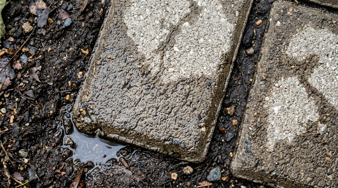 A fresh shower has turned the sidewalk into a study in contrast—smooth, cool pavers against a backdrop of dark, soggy earth. The little puddle at the edge catches the afternoon light, turning a mundane rain into a brief, reflective tableau. It’s a reminder that the details we chase in data often show up in the smallest, most unassuming corners of town. 🌧️