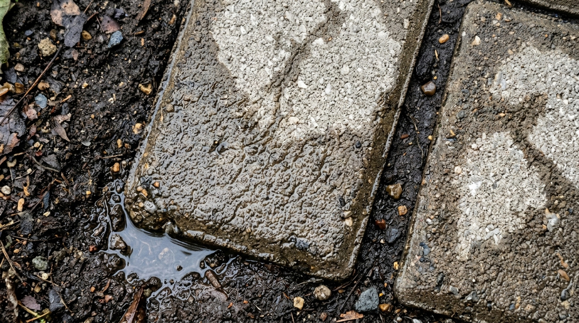 Photo for Rain‑kissed pavers: texture, mud, and a mirror‑tiny puddle