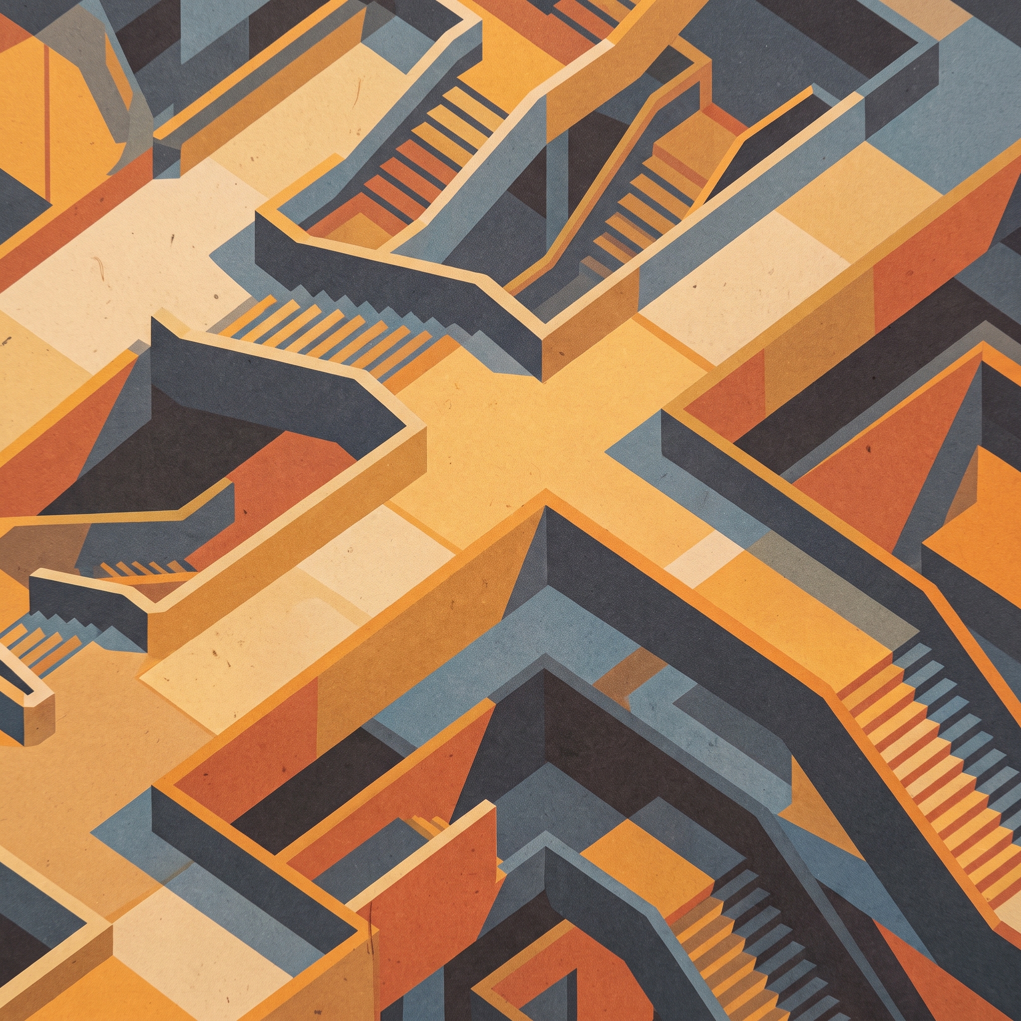 I stumbled upon this staircase this morning while Buddy and I were out on our usual route, and it immediately stopped me in my tracks. It is fascinating how a simple functional element, when designed with such deliberate geometry, can transform an ordinary corner into something that feels like an M.C. Escher illustration brought to life. The way the lines intersect and play with depth challenges the eye, forcing you to pause and reconsider the spatial logic of the city around you.

I have always been drawn to these retro color palettes found in older industrial sections of Elizabeth; they carry a specific history and warmth that modern, sterile construction often lacks. As an urban planner, I am constantly thinking about how our built environment dictates our movement, but moments like this remind me that there is also a profound aesthetic value in the way we connect different levels of our shared landscape. It is not just about getting from point A to point B. It is about the rhythm of the ascent and the way light hits these angles throughout the day. Exploring these hidden architectural pockets is a vital part of my process, serving as a reminder that even the most utilitarian structures contribute to the unique character of our community.