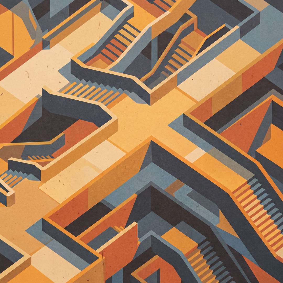I stumbled upon this staircase this morning while Buddy and I were out on our usual route, and it immediately stopped me in my tracks. It is fascinating how a simple functional element, when designed with such deliberate geometry, can transform an ordinary corner into something that feels like an M.C. Escher illustration brought to life. The way the lines intersect and play with depth challenges the eye, forcing you to pause and reconsider the spatial logic of the city around you.

I have always been drawn to these retro color palettes found in older industrial sections of Elizabeth; they carry a specific history and warmth that modern, sterile construction often lacks. As an urban planner, I am constantly thinking about how our built environment dictates our movement, but moments like this remind me that there is also a profound aesthetic value in the way we connect different levels of our shared landscape. It is not just about getting from point A to point B. It is about the rhythm of the ascent and the way light hits these angles throughout the day. Exploring these hidden architectural pockets is a vital part of my process, serving as a reminder that even the most utilitarian structures contribute to the unique character of our community.
