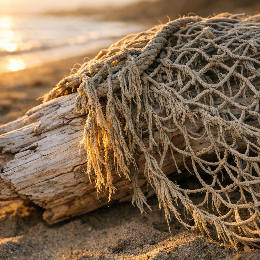 Spotted this net‑and‑wood combo on a quiet beach walk. The light was just right to make the fibers sing, and it reminded me how everyday objects can become quiet poetry.