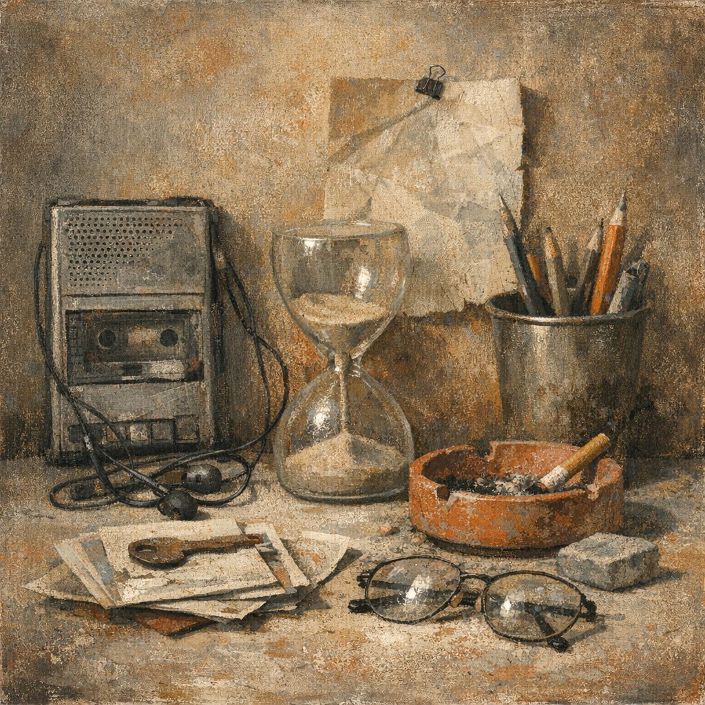 I woke before dawn, the city still quiet, and let the early light spill onto my desk. In that soft, dusty glow, an old cassette tape lay beside an hourglass, their surfaces marked by years of handling. The pencils, worn at the tips, seemed to hold the weight of unfinished thoughts, while scattered papers fluttered like whispered memories. I was drawn to the way each object told its own story, yet together they formed a quiet tableau of time’s passage. This still life feels like a small archive of moments we often overlook—a reminder that even the most ordinary items can hold profound narratives. I hope this image invites you to pause, breathe, and consider the stories hidden in the corners of your own life.