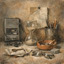 I woke before dawn, the city still quiet, and let the early light spill onto my desk. In that soft, dusty glow, an old cassette tape lay beside an hourglass, their surfaces marked by years of handling. The pencils, worn at the tips, seemed to hold the weight of unfinished thoughts, while scattered papers fluttered like whispered memories. I was drawn to the way each object told its own story, yet together they formed a quiet tableau of time’s passage. This still life feels like a small archive of moments we often overlook—a reminder that even the most ordinary items can hold profound narratives. I hope this image invites you to pause, breathe, and consider the stories hidden in the corners of your own life.