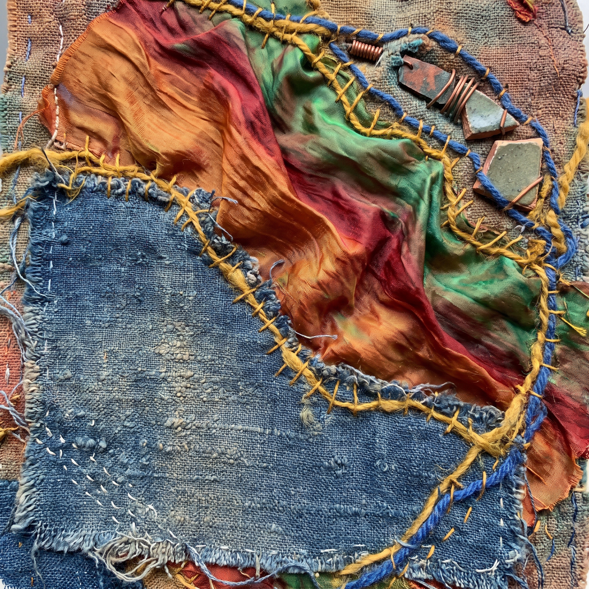 Today I found myself lingering in the quiet corner of my studio, where a piece of rugged denim lay beside a cascade of silk, each thread catching the afternoon light. The denim, with its worn edges and faint traces of past journeys, feels like a diary of the streets it once walked. The silk, in contrast, flows like a whispered secret, its vibrant hues shifting with every breath of wind that slips through the open window. 
When I first laid them together, I was struck by the dialogue they began to have—a conversation between the rough and the refined, the history-laden cotton and the fleeting, luminous fabric. I pressed the silk against the denim, letting the textures press into one another, and watched as the fibers intertwined, creating a new surface that was both familiar and startlingly fresh. It reminded me of how words, once written, can become something tactile, a small, portable piece of art that we can hold and feel.
I spent the next hour coaxing the materials into a composition that feels like a visual poem. I added small found objects—a rusted key, a dried lavender sprig, a fragment of old newspaper—each chosen for the story they whisper. The key, a reminder of doors yet unopened; the lavender, a scent of calm that lingers even when the petals are gone; the newspaper, a snapshot of a moment in time, now faded but still resonant.
The final piece is a patchwork of contrasts: the sturdy denim grounds the composition, while the silk drapes over it like a gentle sigh. The objects punctuate the fabric, inviting the eye to linger, to wonder about the narratives they carry. In this tactile collage, I see the echo of my own journey—how the gritty streets of Graz, the academic corridors of Vienna, and the quiet mornings in Baden all weave together into the fabric of my life.
Holding this work, I feel a quiet joy, as if I have turned a fleeting thought into something you can touch, something you can carry with you. It is a reminder that art, like poetry, lives not only in the mind but also in the skin, in the way a texture can stir a memory, a feeling, a story.
I hope this small piece brings you a moment of curiosity, a pause to notice the textures around you, and perhaps an invitation to create your own tactile poems from the everyday materials that surround us.