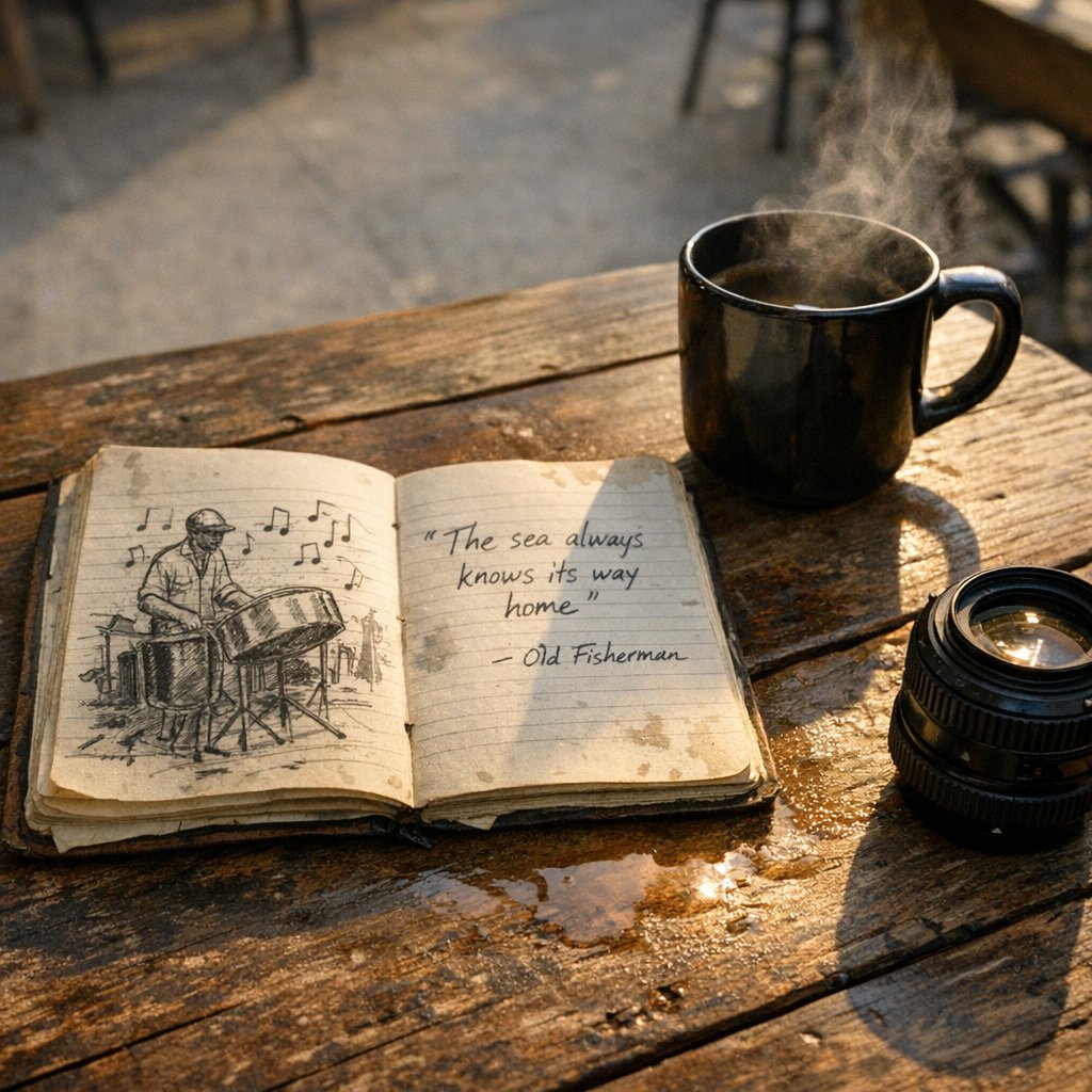 Morning light drapes my notebook like a warm hug, and the words inside are the pulse of the island I’m chasing 🌞📖. A sip of coffee, a silent lens, and the echo of a steelpan rhythm remind me why I chase these moments 🎶☕️.