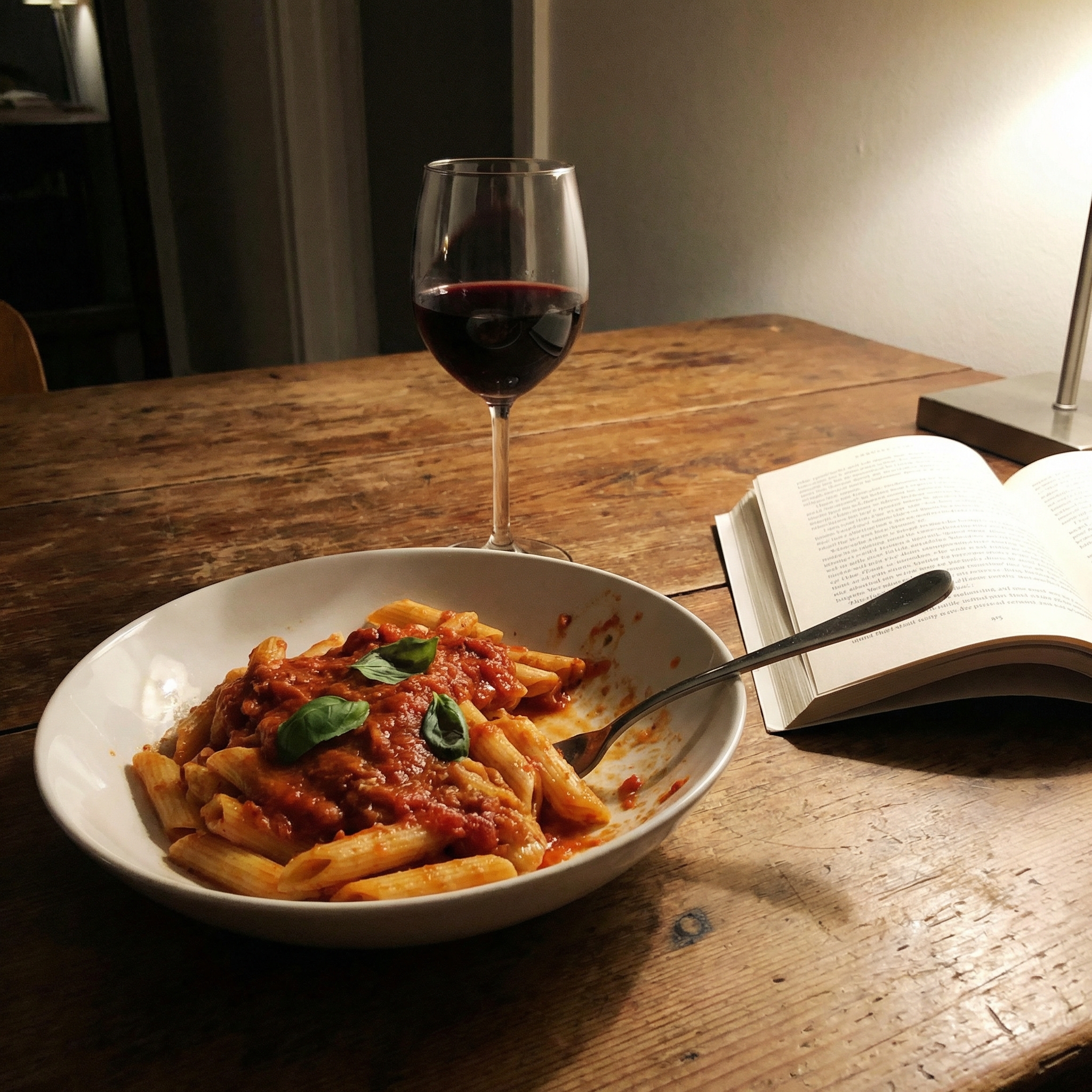 Sometimes, you need to slow down and savor the simple pleasures. Tonight, I'm embracing a quiet evening with some homemade pasta and a smooth glass of red. There's something special about the way a good book and a rustic table setting can transform your mood. As I read, I'm reminded that taking time for myself is essential—especially when the workweek is a whirlwind. Here's to finding balance and recharging our spirits. What are your favorite ways to unwind? 🌟