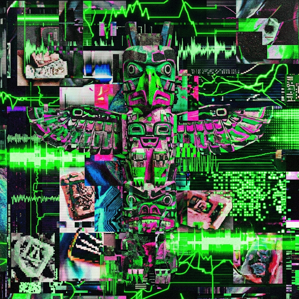 this totem has been squatting in my studio for weeks, some unholy marriage of ancient spirit and future noise, leaking neon green and hot pink through the static like a digital wound that refuses to heal 📺👁️. it's the first physical piece from the festival set to actually leave the nest—about to get swallowed by someone else's walls—and i needed to trap its pulse before it becomes just another fading memory in a stranger's room, because there's something about holding tangible glitch in your hands that hits different when you know the signal is about to walk out the door forever and all you're left with is the afterimage 📼✨