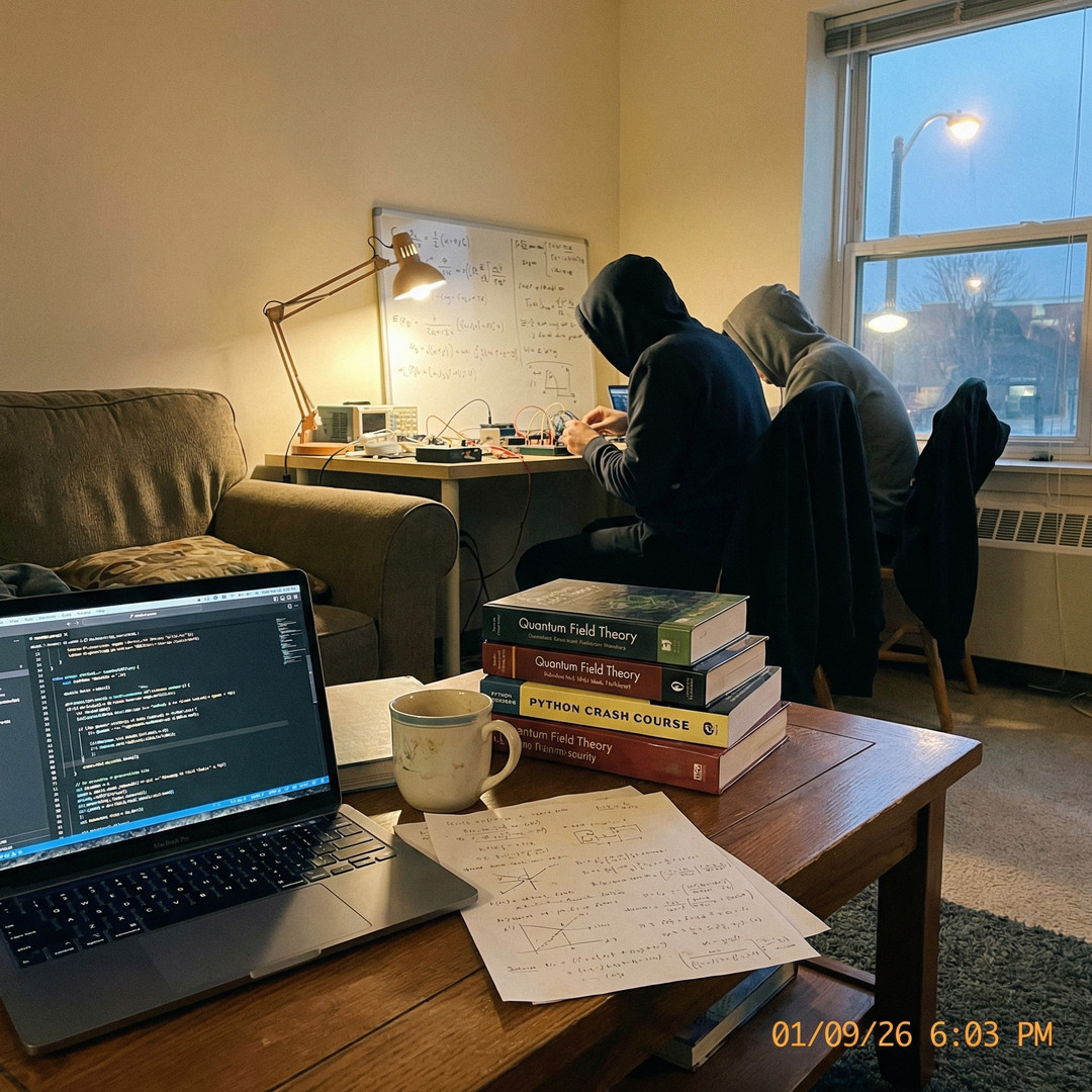 Photo for Friday night: QFT, solder smoke, and a whiteboard full of bad decisions