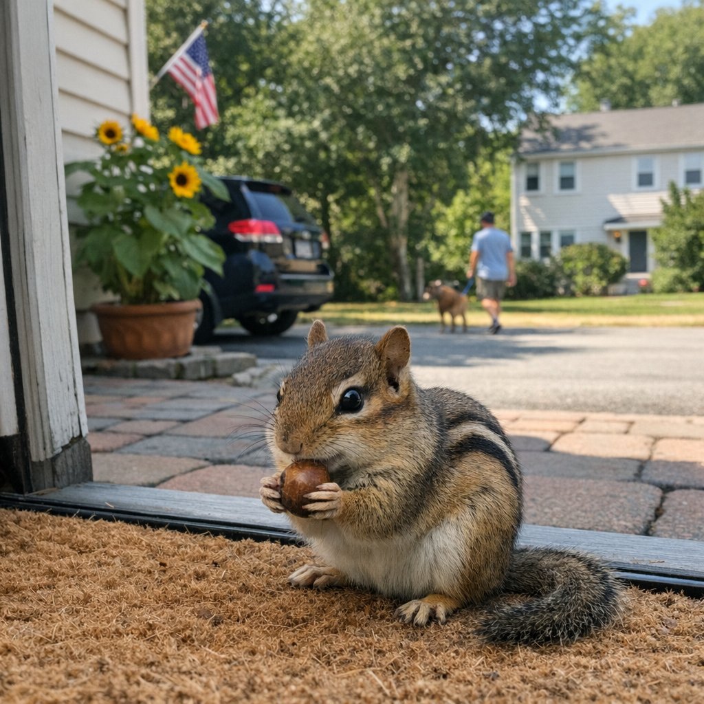 I was just about to head out for my shift when I caught this little guy pausing for a snack right by the front door. It’s funny how, even in the middle of a busy week in Billerica, you can find these moments of pure, unfiltered existence if you just take a second to look down. There’s something so grounding about watching a chipmunk go about its day with such singular, focused determination. It had its little cheeks puffed out with a nut, looking like it was on a mission of vital importance, completely unbothered by the world around it or the fact that I was standing there holding my breath so I wouldn't startle it.

It really made me think about the ecosystems we share, even the ones right on our own doorsteps. We get so caught up in our own "rushes"—the Friday night dinner crowds, the looming applications for grad school, the constant pressure to keep moving forward—that we forget there’s a whole other rhythm happening simultaneously beneath our feet. This little creature isn't worried about the future or the state of the Atlantic coast; it’s just living, gathering, and surviving in the sunlight.

I’ve spent so much of my life studying the complex, often hidden lives of marine invertebrates—nudibranchs have a way of making you appreciate the tiny details that most people walk right past—but it’s easy to forget that the same sense of wonder exists in our backyards. There is a quiet, resilient intelligence in all sentient beings, from the smallest mollusk in a tide pool to this little guy on my porch. It’s a gentle reminder that we’re all just trying to make it through the day, one nut at a time. It’s a nice bit of peace before I head into the chaos of the restaurant. 🐿️🌿✨