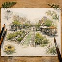 This watercolor captures a moment where everyday urban rhythm meets intentional greening, a reminder that even the most ordinary avenues can become living classrooms for sustainability.  
The café tables spill onto the pavement, inviting passersby to pause, while the adjacent bike lane, flanked by native shrubs and flowering perennials, illustrates how low‑impact mobility can be woven seamlessly into the streetscape.  
I am drawn to the way the sketch balances human activity with ecological texture, a visual echo of the design principles I champion in my work on Danbury’s downtown revitalization.  
Notice the subtle play of light on the canopy of trees that line the boulevard, a reminder that shade not only cools microclimates but also nurtures social interaction, encouraging residents to linger longer and share stories.  
In my experience, such integrated interventions—café terraces shaded by pergolas, bike lanes buffered by rain gardens—prove to be catalysts for both economic vitality and climate resilience, a synergy I strive to amplify in every community workshop I facilitate.  
I hope this sketch sparks imagination and dialogue, urging fellow designers, planners, and citizens to envision streets that breathe, serve, and sustain us all.